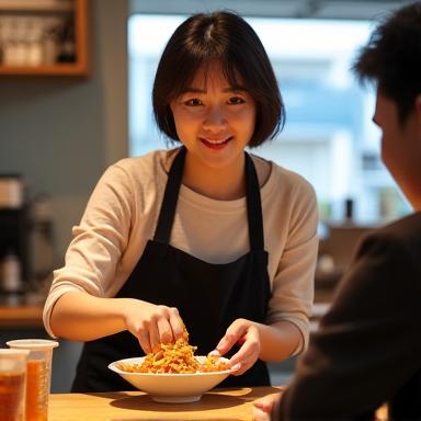 면가 부산 해운대점 이서연 점주가 고객에게 음식을 서빙하는 모습